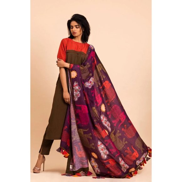 UDD GAJA Dupatta elephant print with tassle 97 x 39 inches - Picture 1 of 8